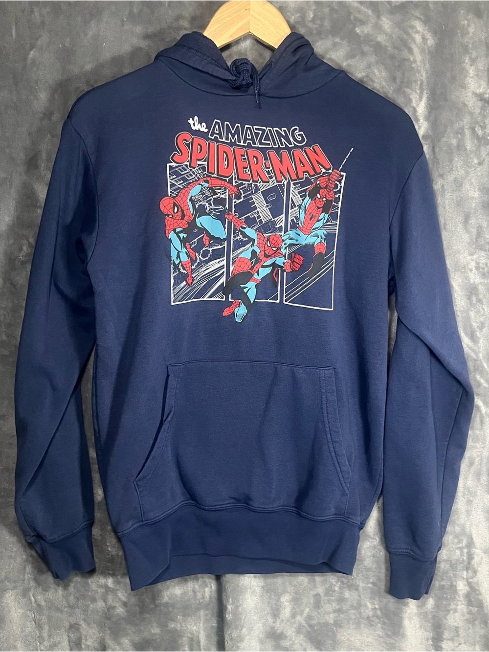 Marvel Adult Small Spider-Man Long Sleeved Pullover Hoodie - Navy Blue Logo